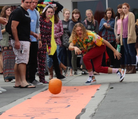 Costumed characters stroll and bowl