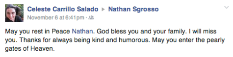 (alumni) Celeste Salado's post on Nathan's wall after he passed.  Post credit: Celeste Salado. 